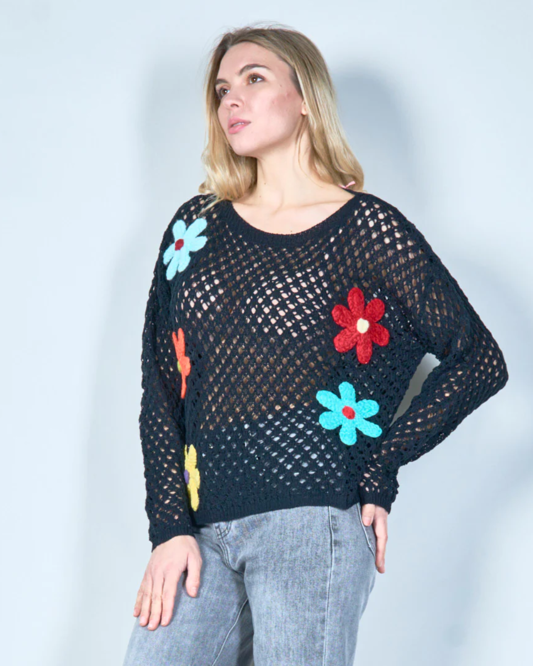 Open-Knit Sweater with Colorful Floral Applique - Black