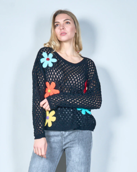 Open-Knit Sweater with Colorful Floral Applique - Black