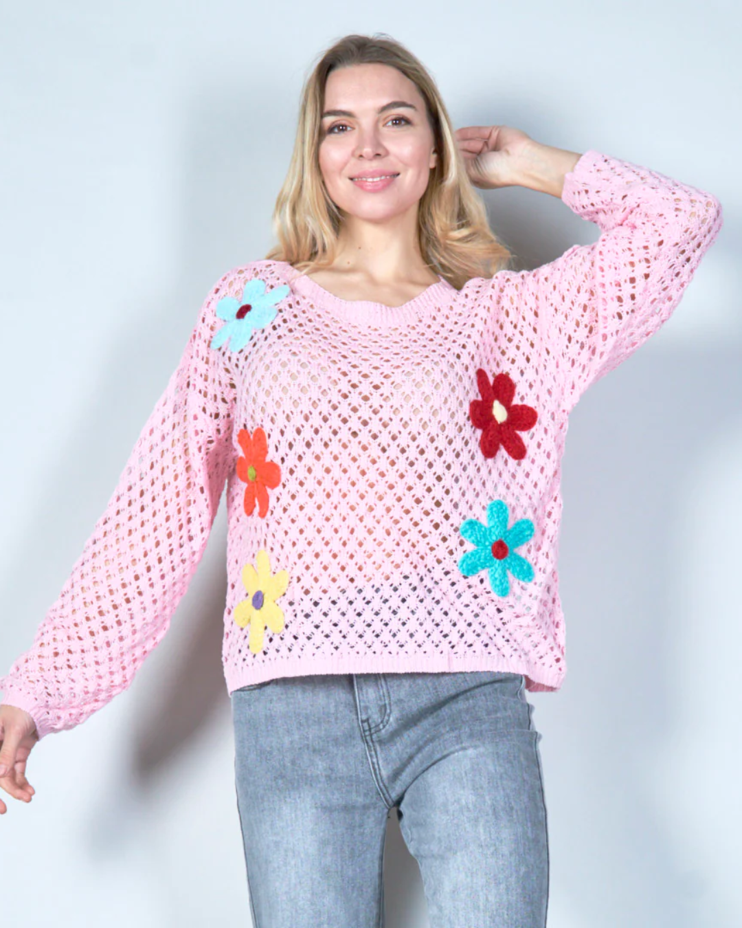 Open-Knit Sweater with Colorful Floral Applique - Pink