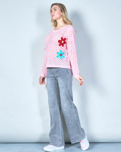 Open-Knit Sweater with Colorful Floral Applique - Pink