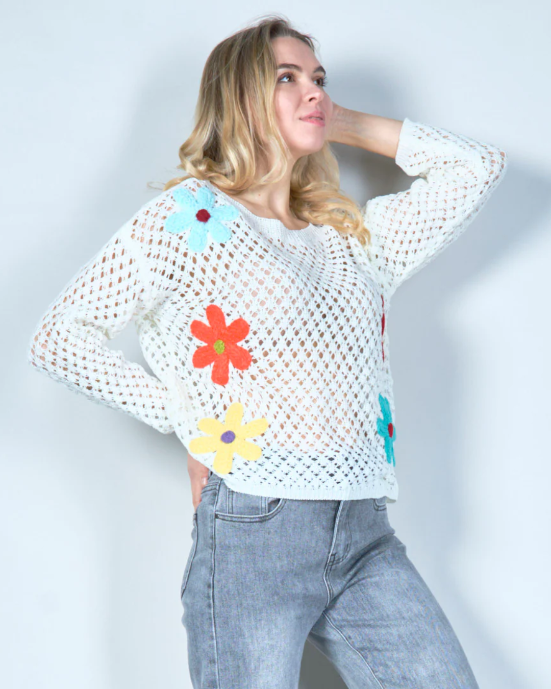 Open-Knit Sweater with Colorful Floral Applique - White