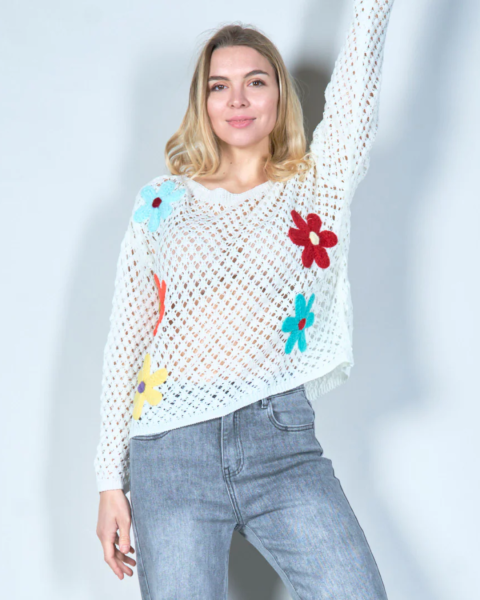 Open-Knit Sweater with Colorful Floral Applique - White