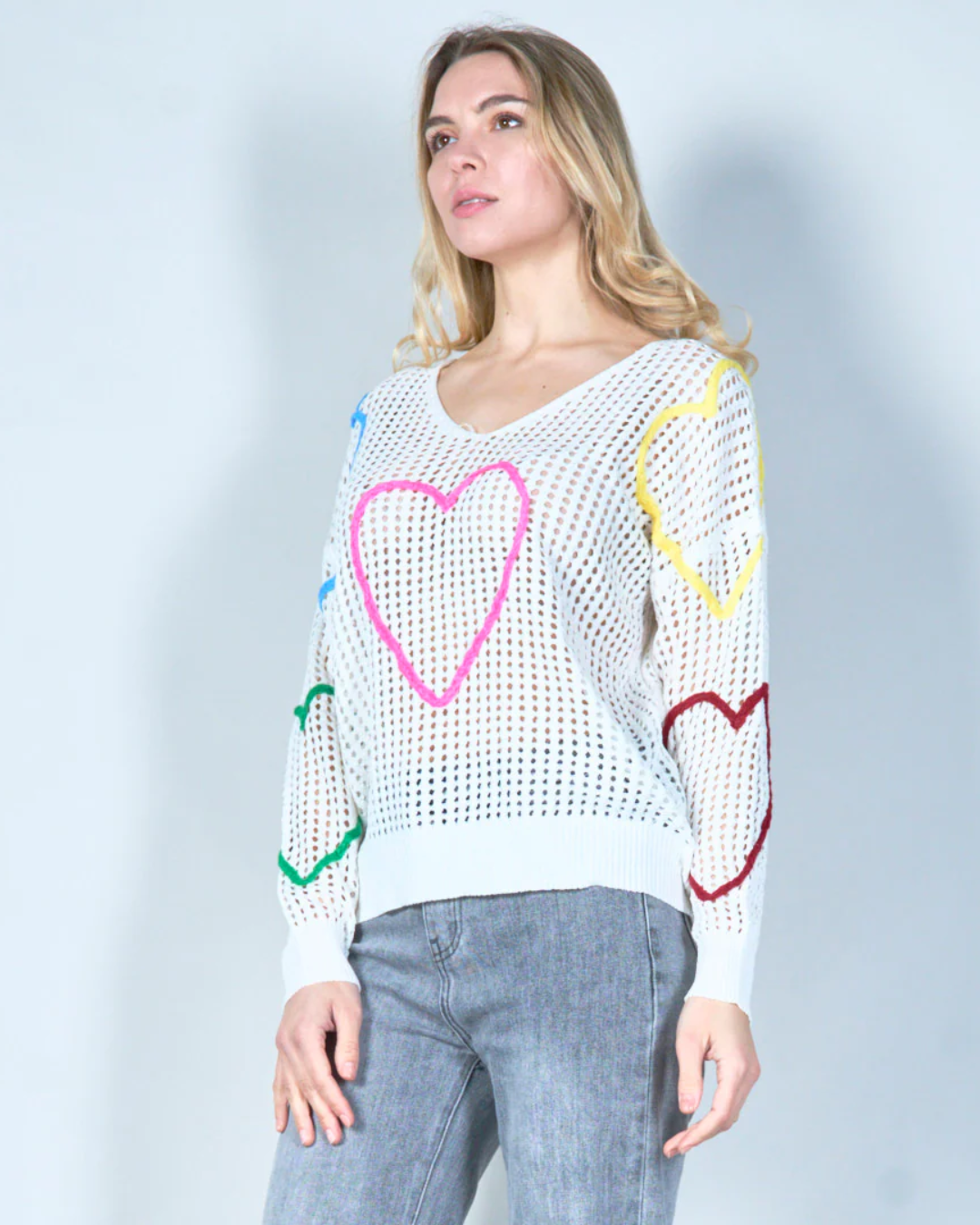 Open-Knit Sweater with Colorful Heart Design - White