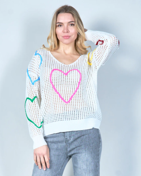 Open-Knit Sweater with Colorful Heart Design - White
