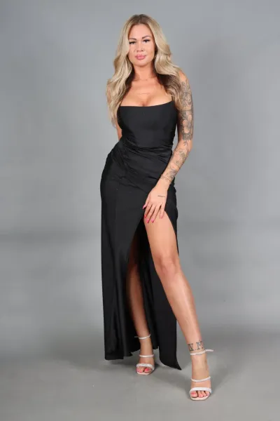 Rhinestone Maxi Dress with Lace-Up Back - Black