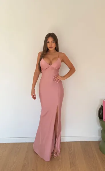 Strappy Backless Maxi Dress with Side Slit - Pink