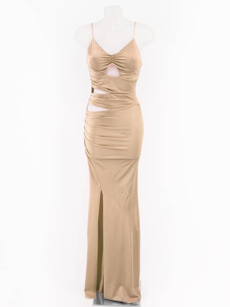 Cut Out Ruched Maxi Dress - Beige