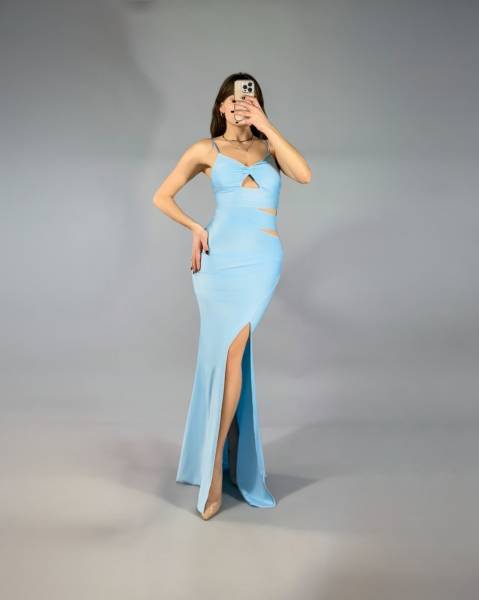 Cut Out Ruched Maxi Dress - Sky Blue