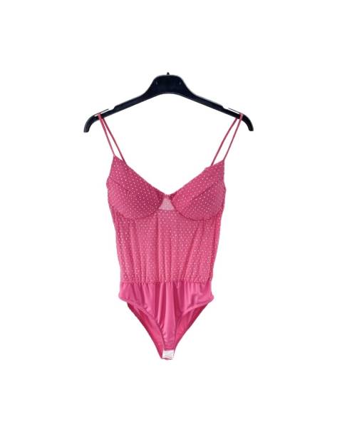 Rhinestone Detailed See Through Bodysuit - Fuchsia