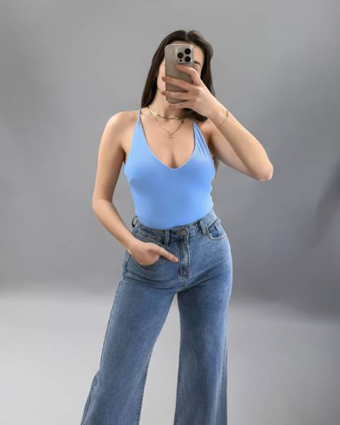 Backless Bodysuit with Adjustable Cross Straps - Sky Blue