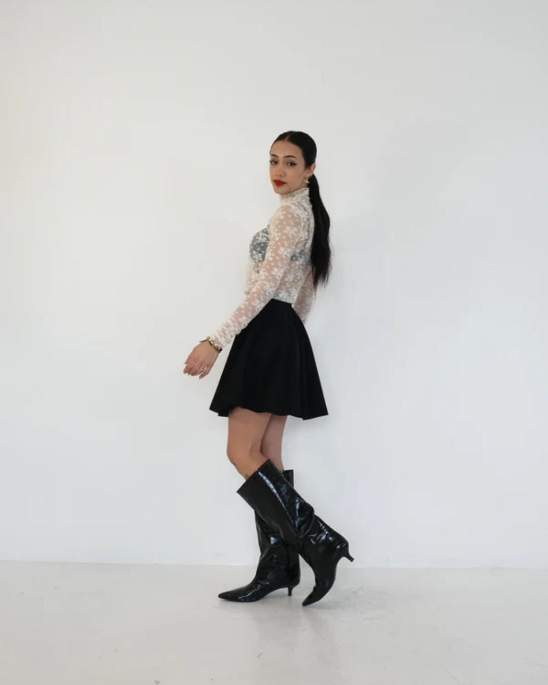 High Waist Textured Flare Skirt - Black