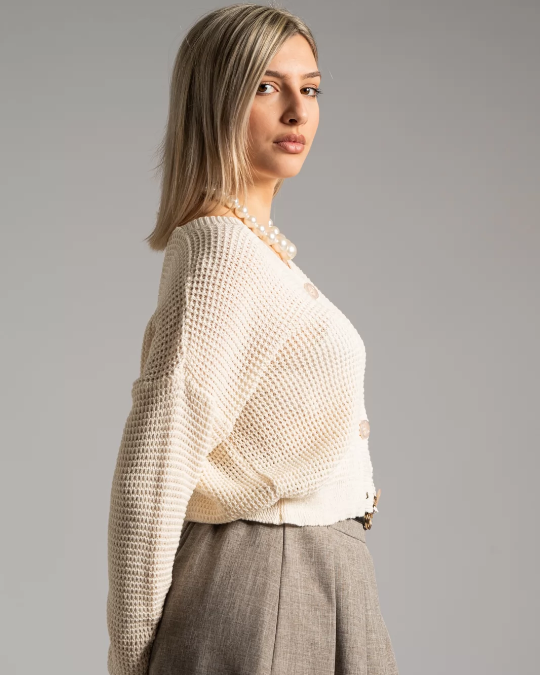 Knit Button-Up Cardigan - Beige
