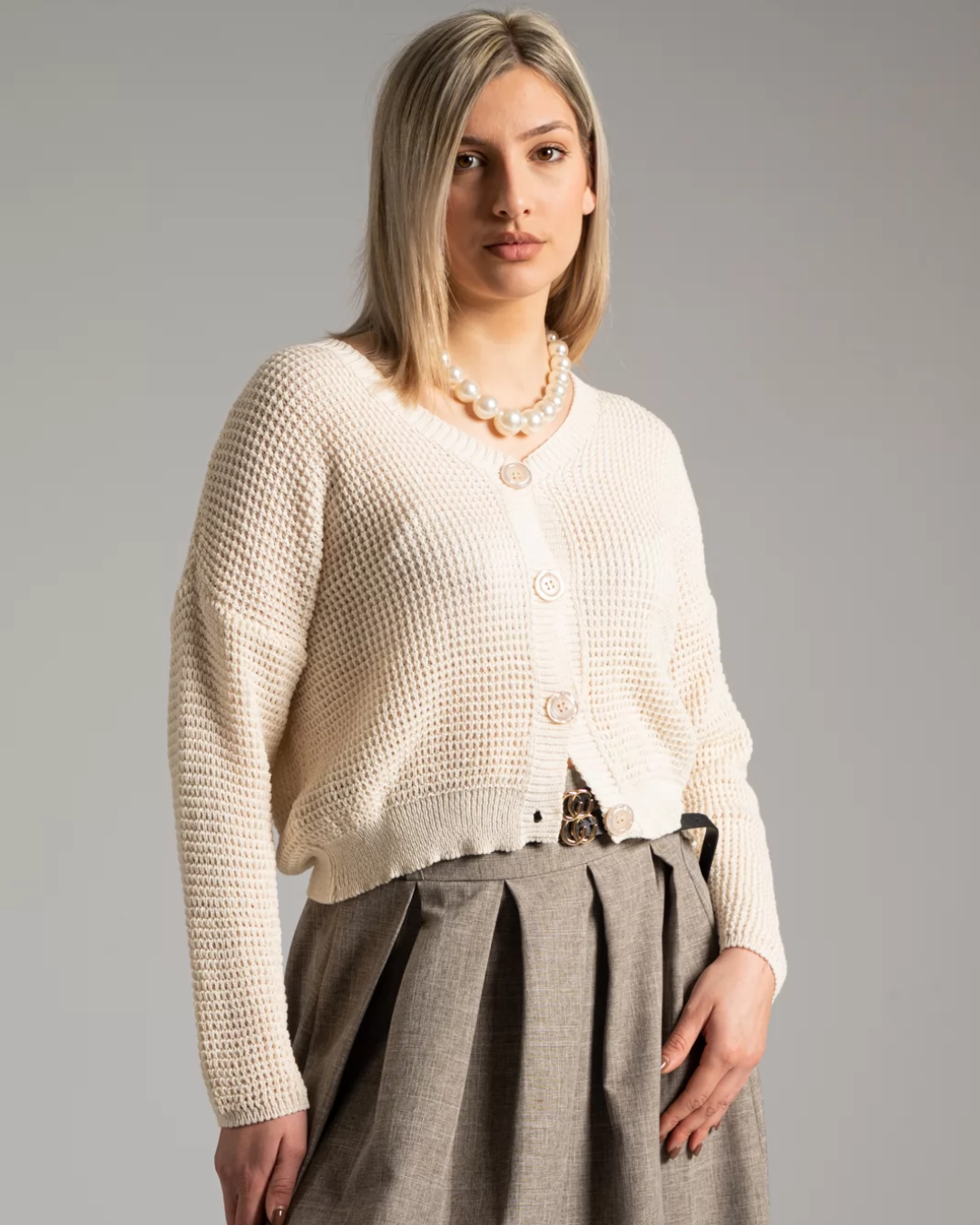 Knit Button-Up Cardigan - Beige