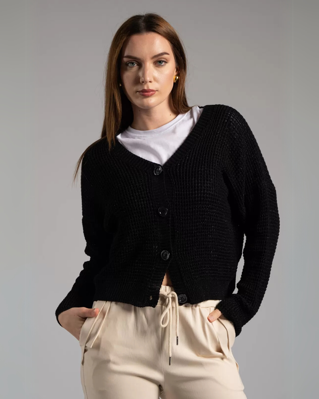 Knit Button-Up Cardigan - Black