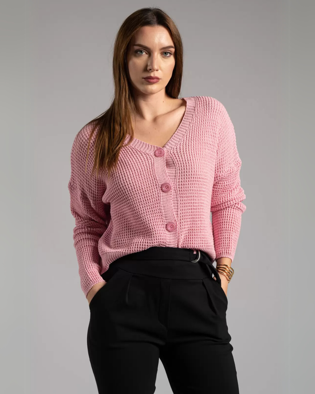 Knit Button-Up Cardigan - Pink