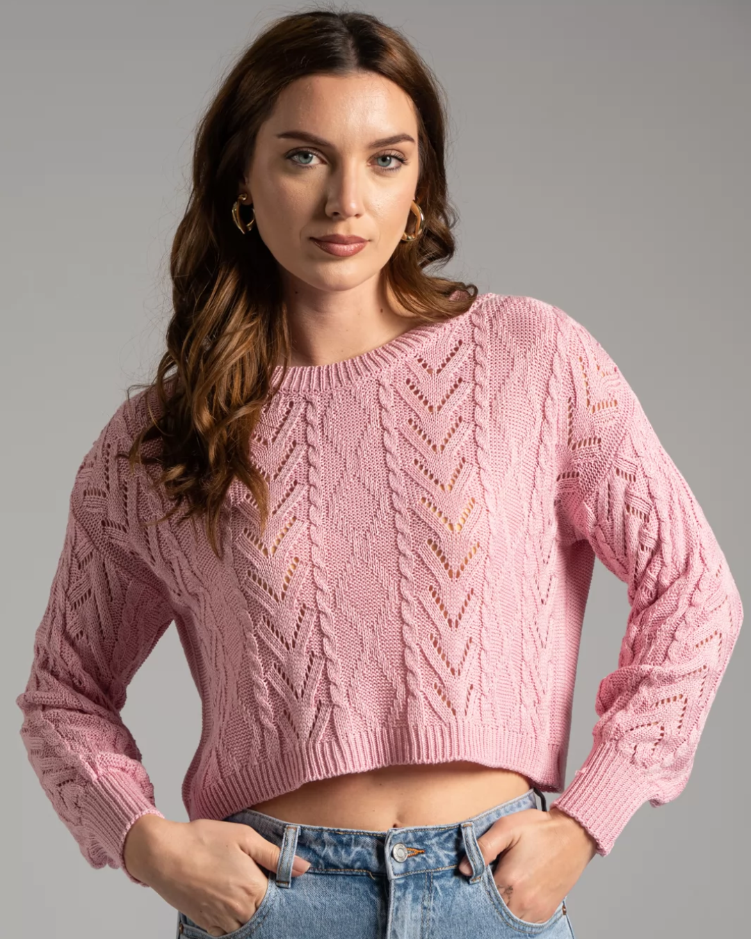 Cable Knit Cropped Sweater - Pink