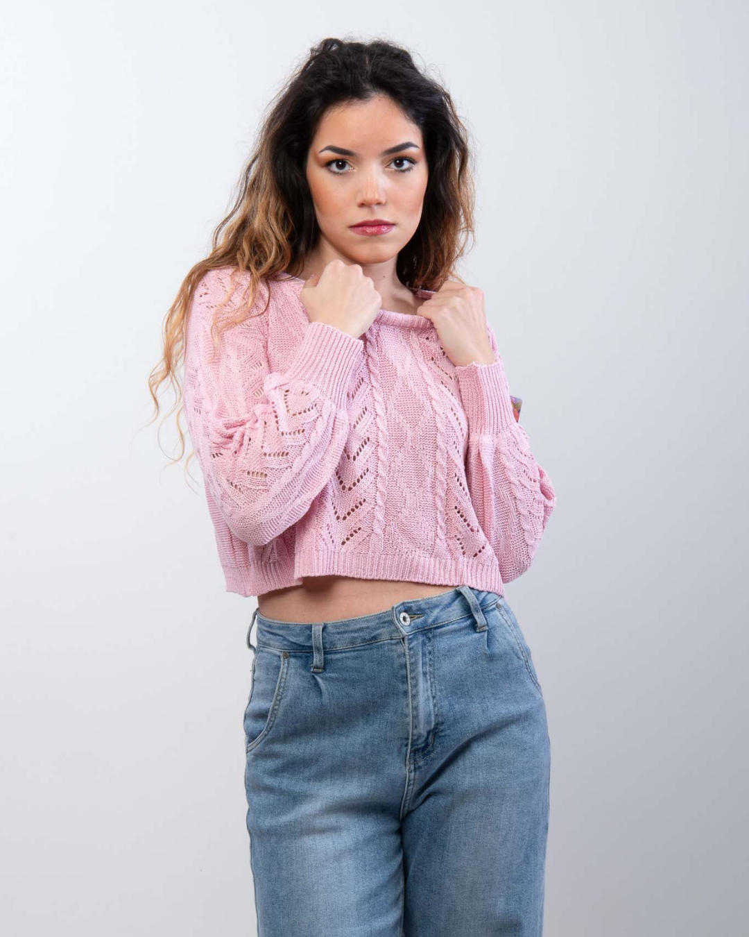 Cable Knit Cropped Sweater - Pink