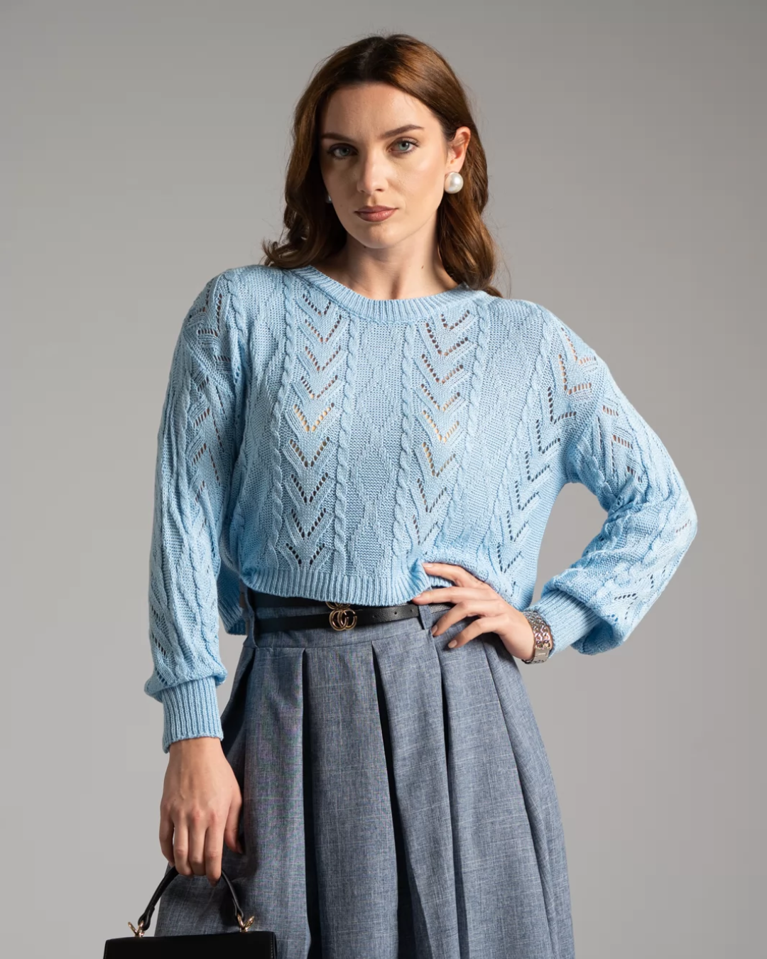 Cable Knit Cropped Sweater - Sky