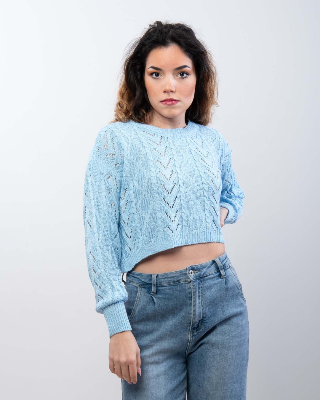 Cable Knit Cropped Sweater - Sky
