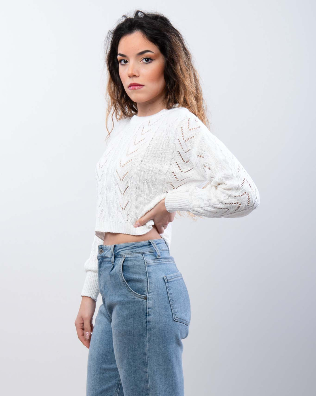 Cable Knit Cropped Sweater - White