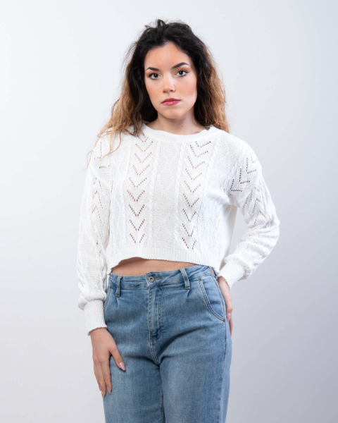 Cable Knit Cropped Sweater - White