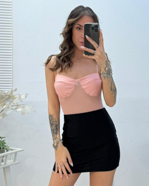 Glam Sheer Rhinestone Bodysuit - Pink