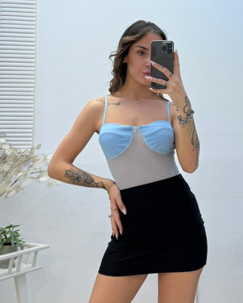 Glam Sheer Rhinestone Bodysuit - Sky Blue