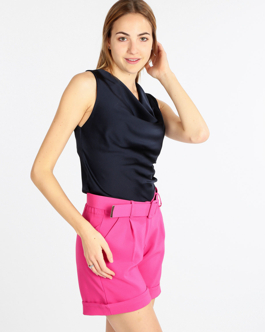 Satin Drape Neck Sleeveless Top - Black