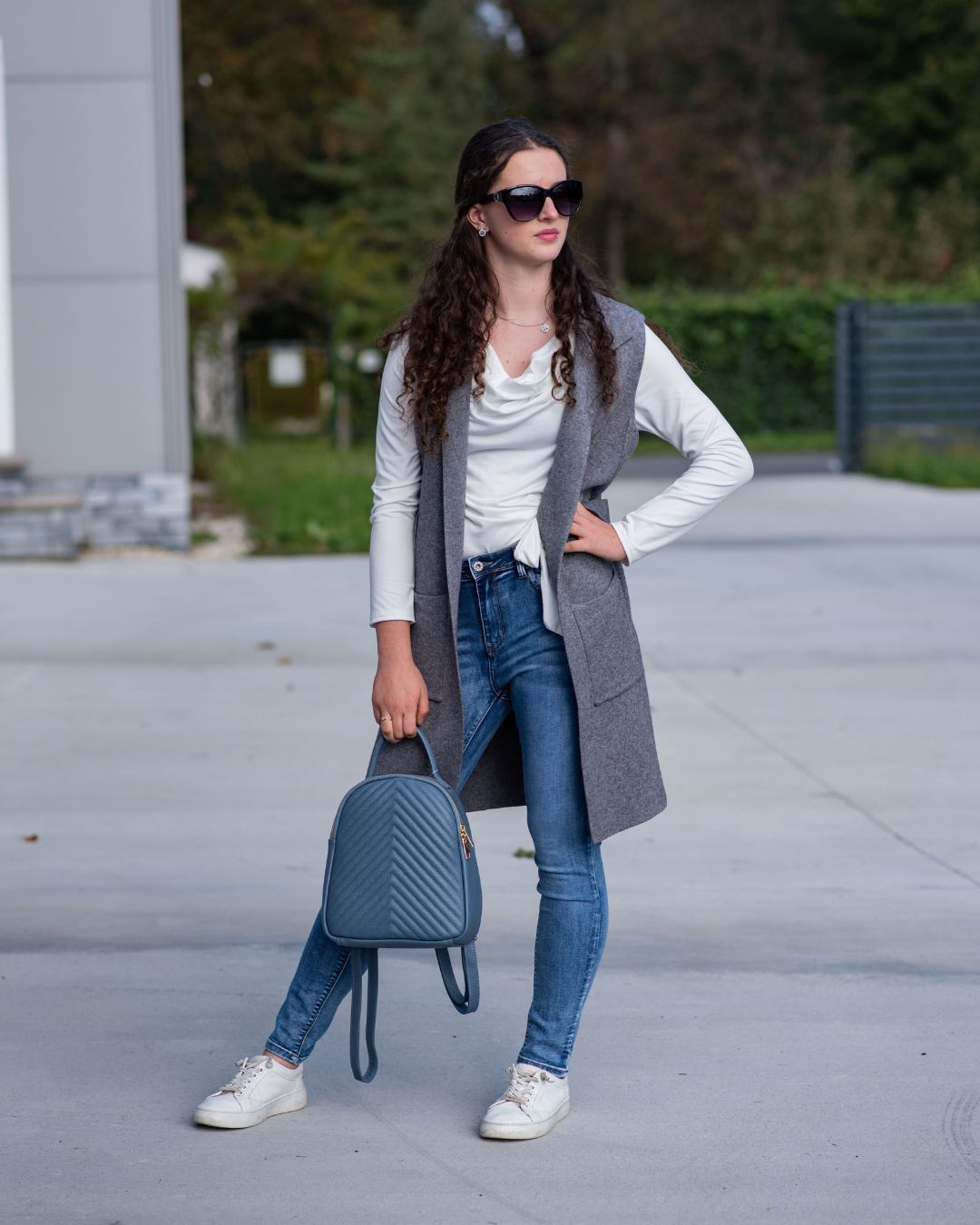 Draped Cowl Neck Long Sleeve Top with Side Tie - White