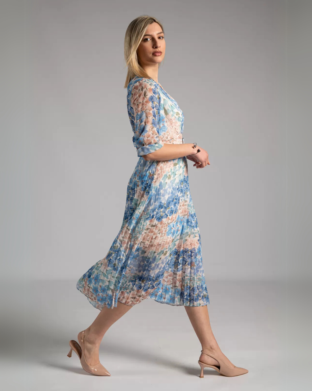 Printed Pleated Maxi Dress - Sky Blue
