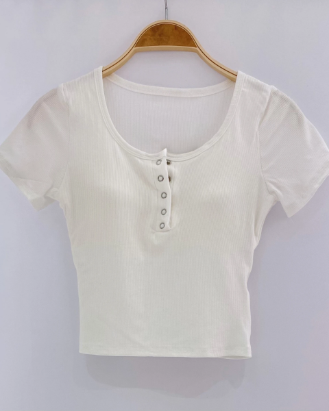Ribbed Button Up Crop Top - White
