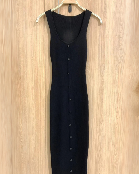 Button Detail Ribbed Dress - Black