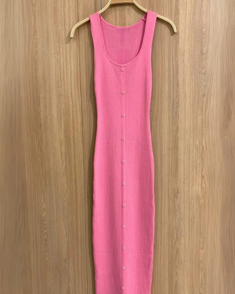 Button Detail Ribbed Dress - Fuchsia