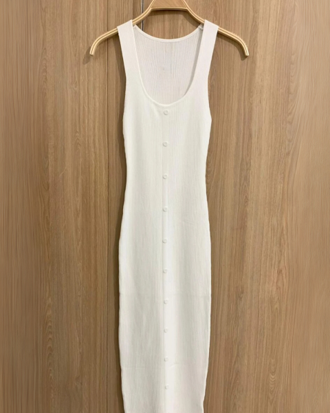 Button Detail Ribbed Dress - White