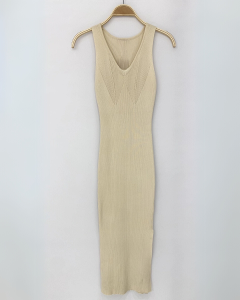 Ribbed Dress with Side Slit - Beige