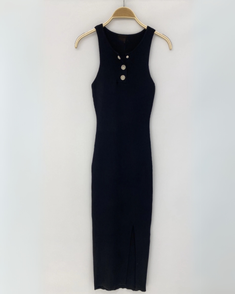 Button Detail Ribbed Dress - Black