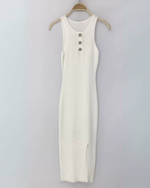 Button Detail Ribbed Dress - White