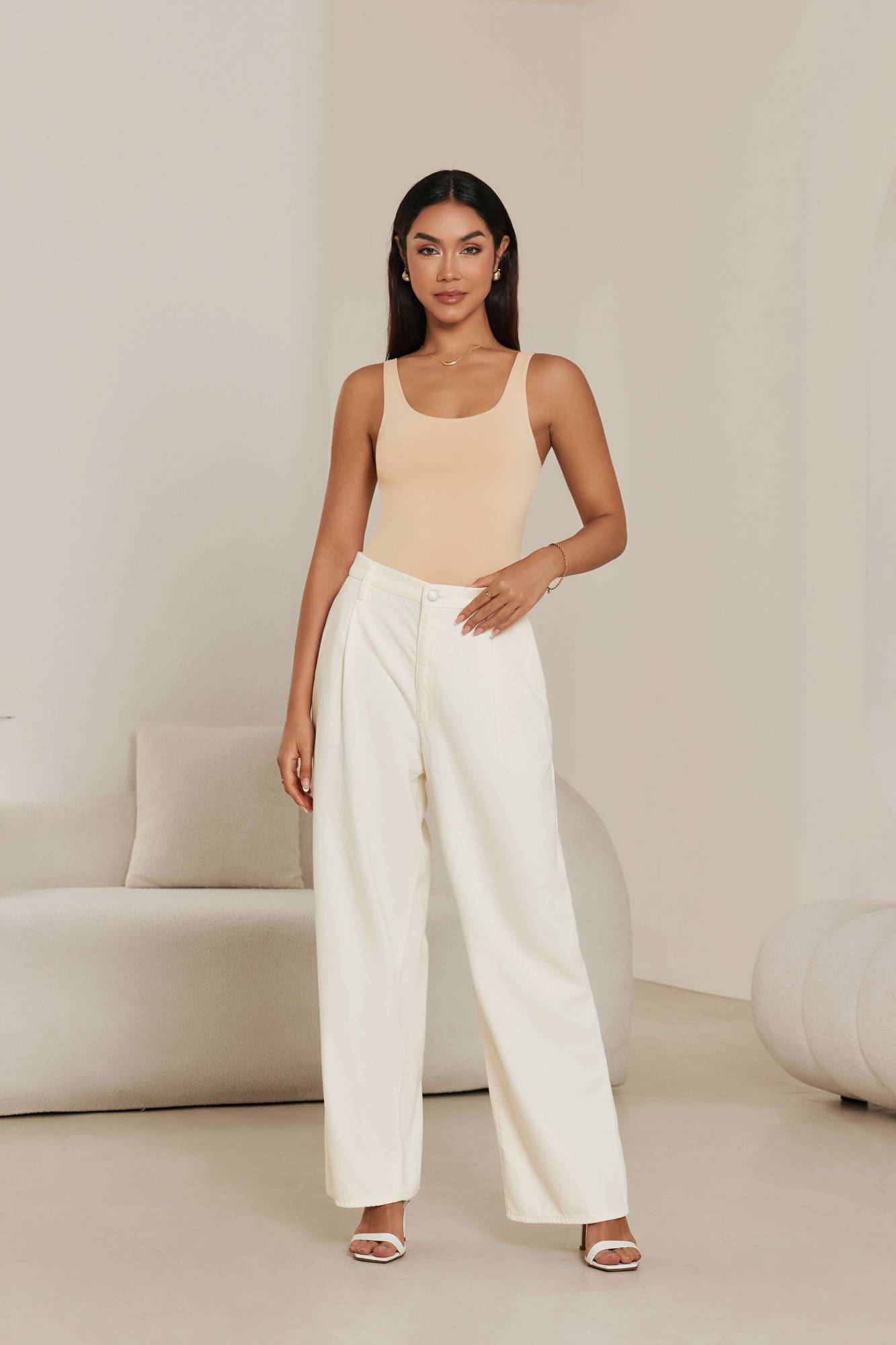 Low Cut Tank Bodysuit - Beige
