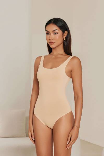 Low Cut Tank Bodysuit - Beige