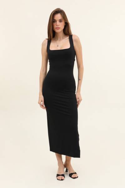 Square Neck Long Dress - Black