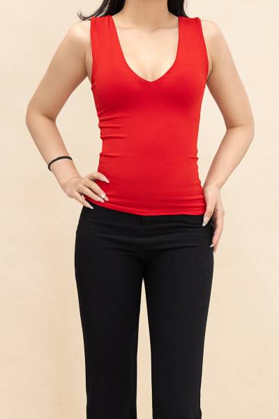 Plunging V Neck Tank Top - Red