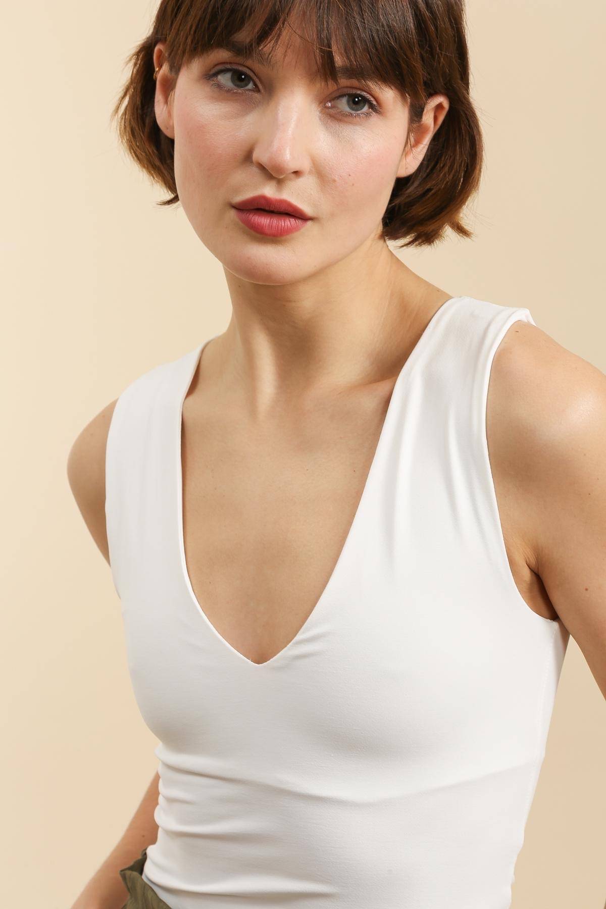 Plunging V Neck Tank Top - White