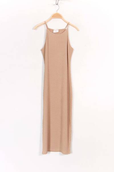 Long Stretch Textured Fabric Dress - Beige