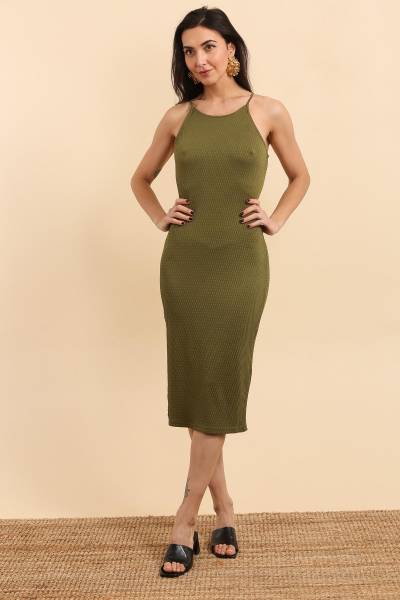 Long Stretch Textured Fabric Dress - Khaki
