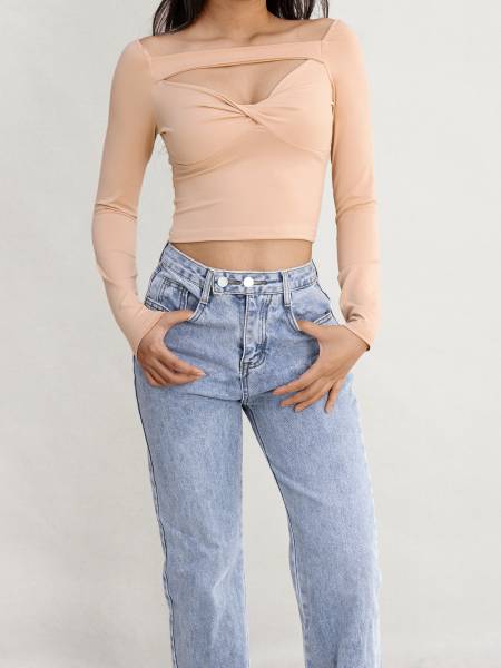 Crossed Neckline Top - Beige