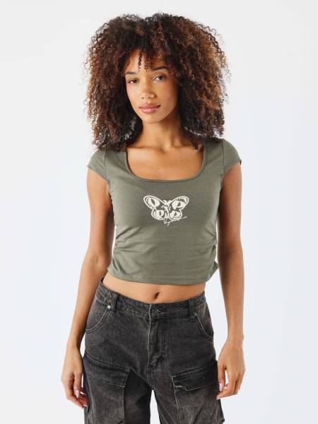 Project X Paris Butterfly Crop Top - Khaki