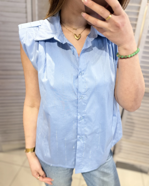 Sleeveless Shirt with Rhinestones - Sky Blue