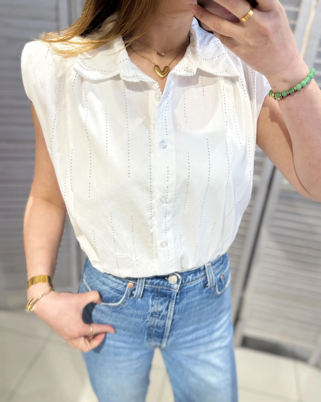 Sleeveless Shirt with Rhinestones - White