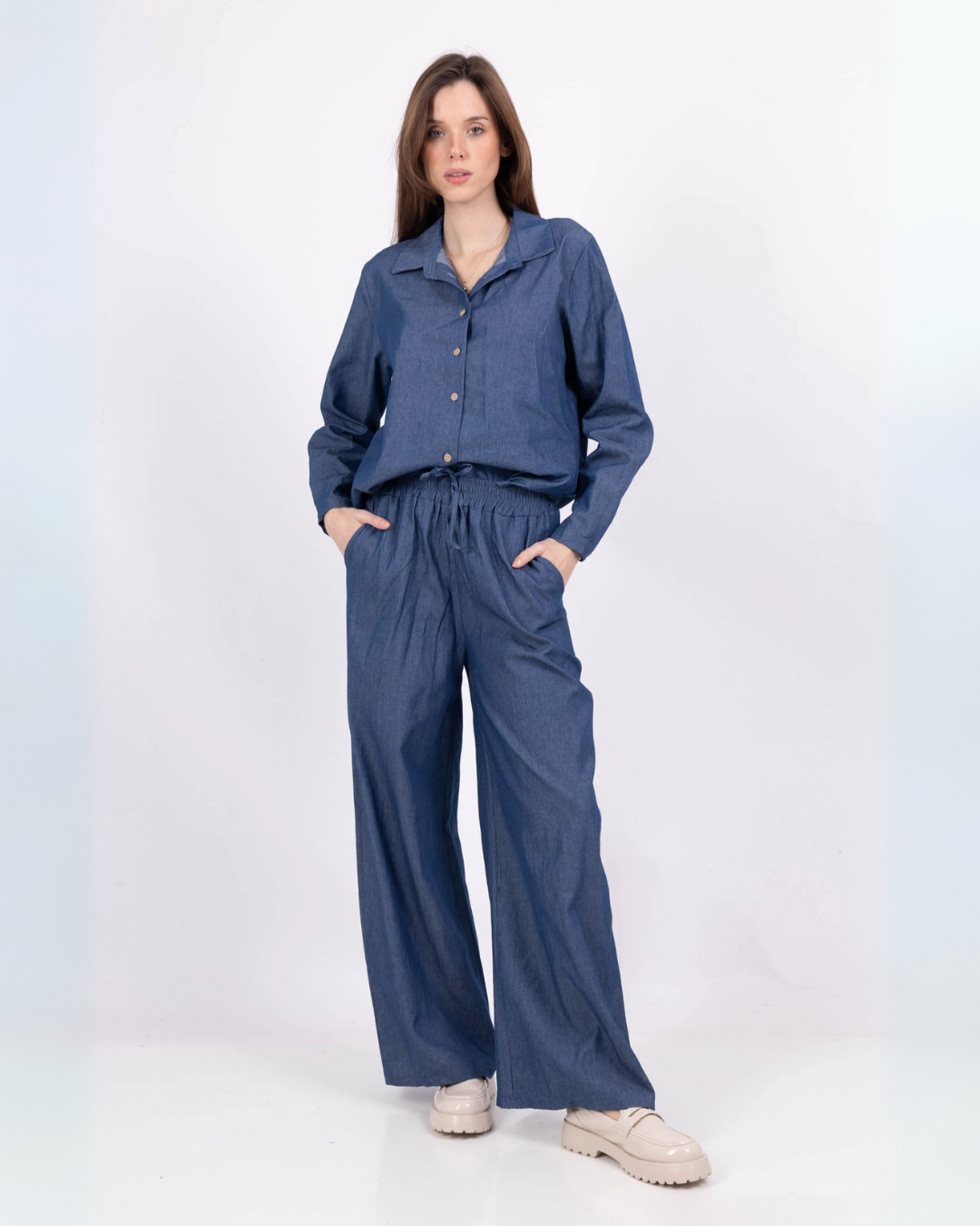 Cotton Denim Coloured Pants - Blue