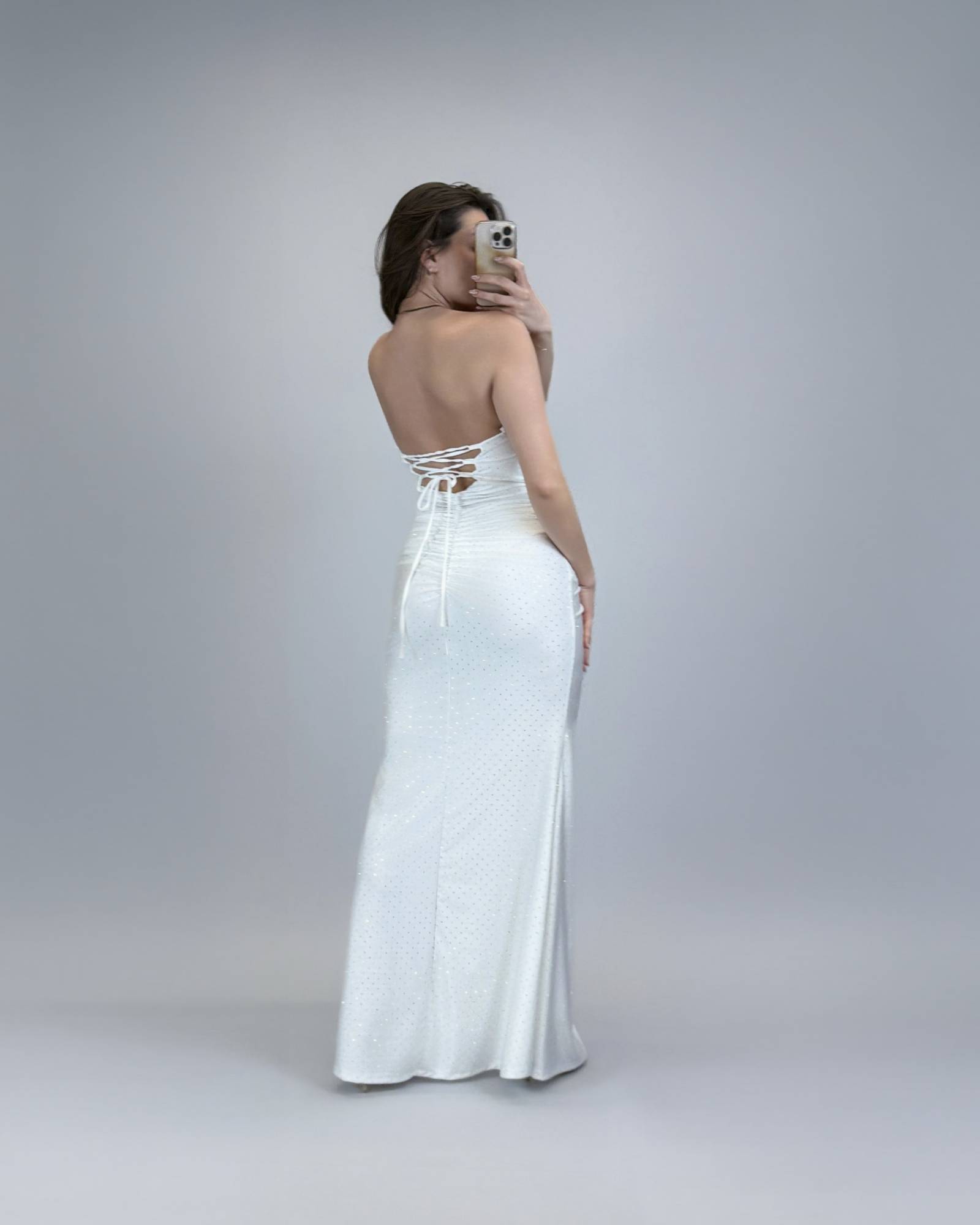 Rhinestone Maxi Dress with Lace-Up Back - White